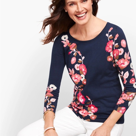 Talbots Plus 3X Sweater Cotton Blend Navy Floral Cottagecore Lightweight Bloom - Picture 5 of 11